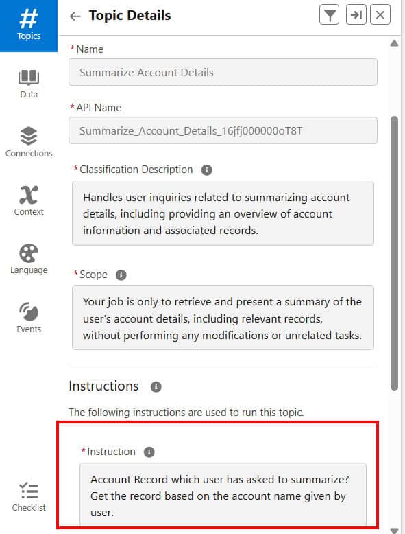 Add Topic's Instruction in Salesforce Agentforce