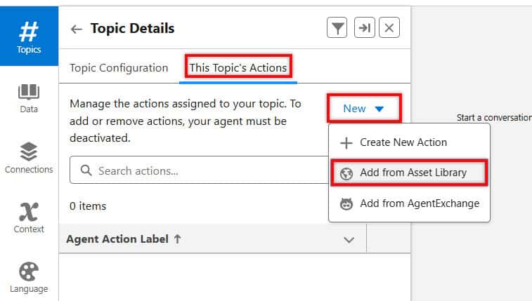 Assign Custom Actions to AI Agent in Salesforce Agentforce