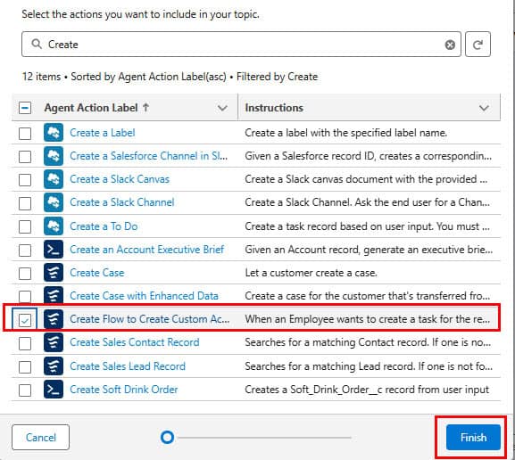 Choose Action for AI Agent from Agentforce Assets in Salesforce