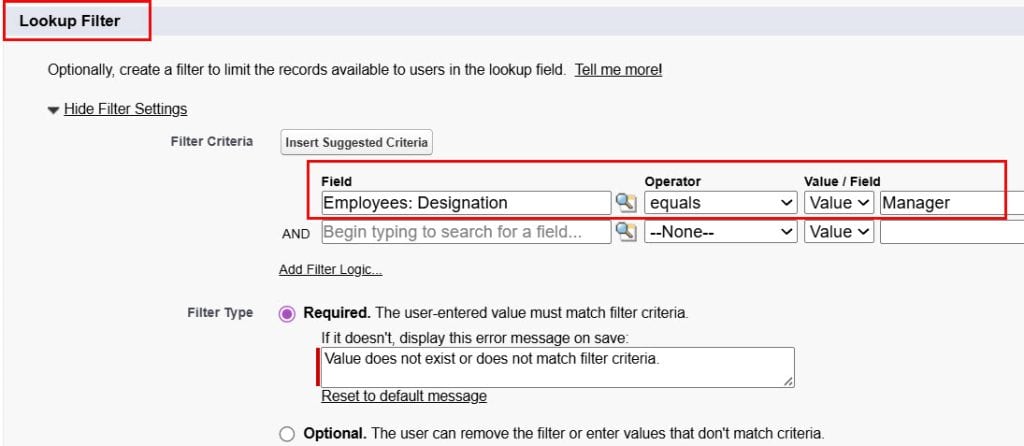 Lookup Filter in Self Relationship in Salesforce