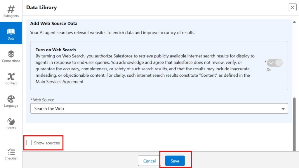 Add Sources in Salesforce Agent Builder