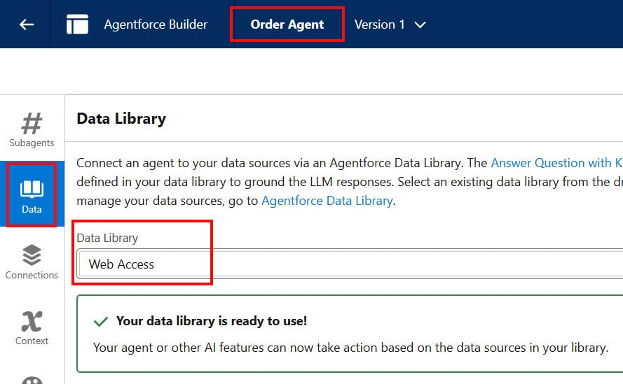 Assign Web Data Type Agentforce Data Library to AI Agent