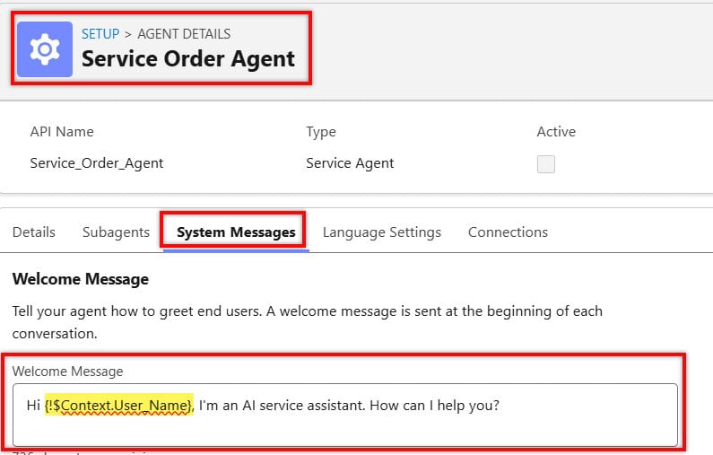 Add Context Variable in System Message in Agentforce Agent