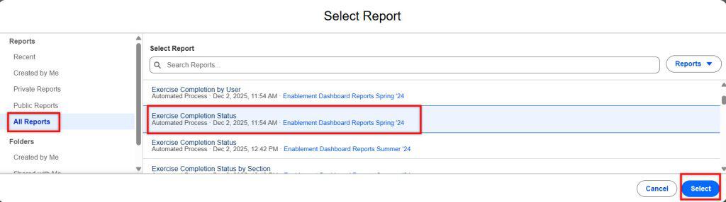Select Report to add as Dashboard in Salesforce