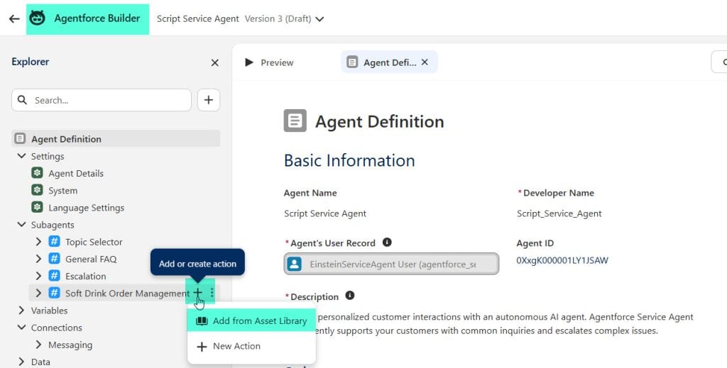 Add Agent Action to Subagent in Salesforce