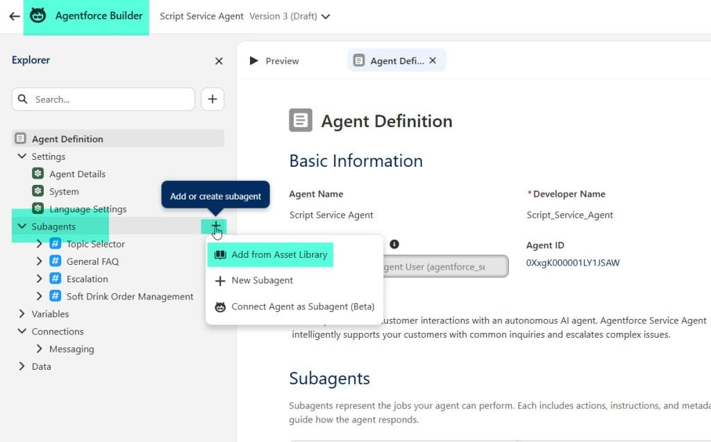 Add Subagent to AI Agent in Salesforce