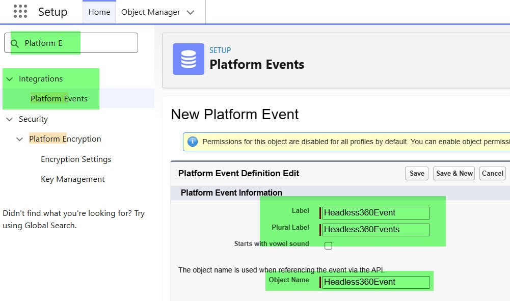 Define a Platform Event for Headless 360 in Salesforce