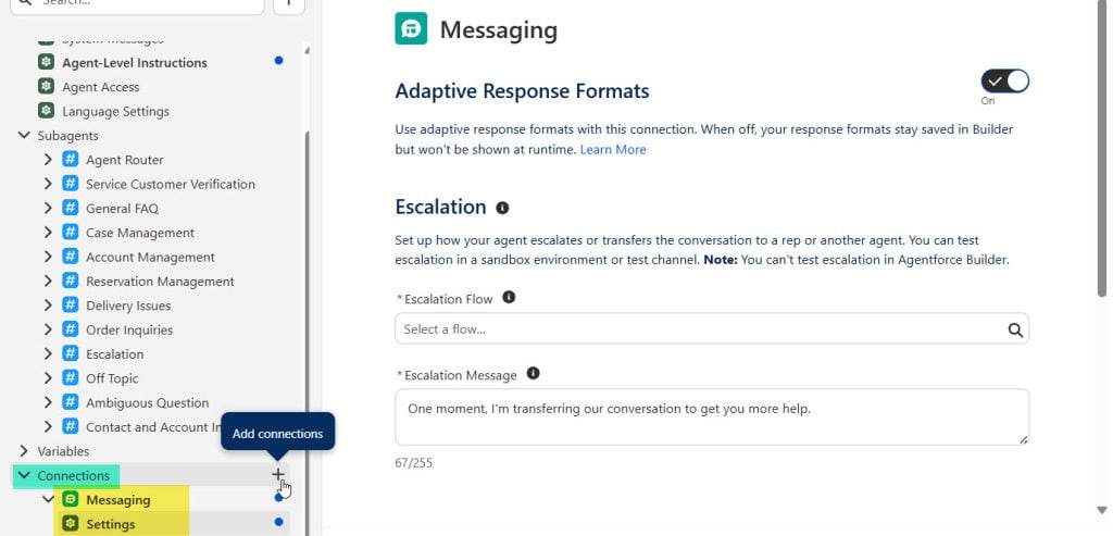 Add Messaging Connection to AI Agent in Salesforce