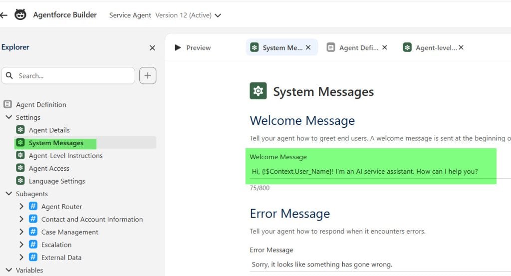 Add Variable to Welcome Message in Agent Script in Salesforce