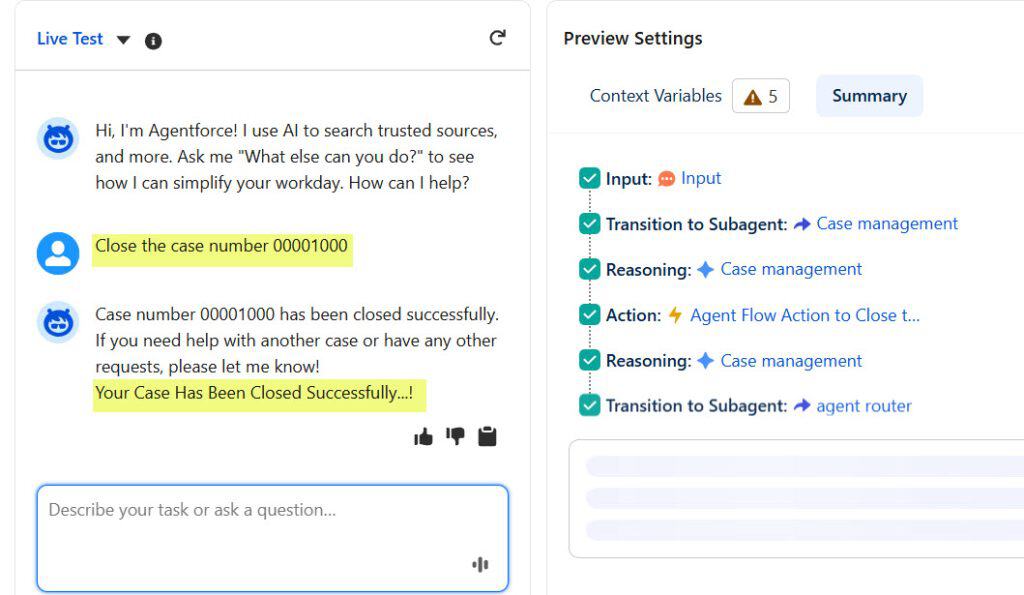 Agentforce Script AI Agent Custom Action to Close Cases
