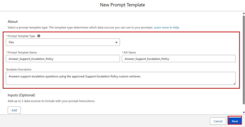 Create Prompt Template and use Custom Retriever in salesforce