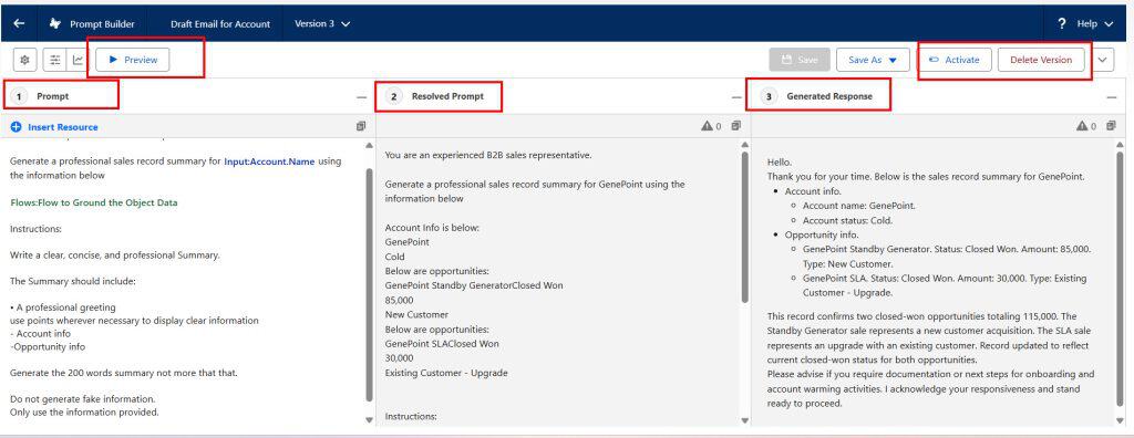 Preview and Test Prompt Template in Prompt Builder