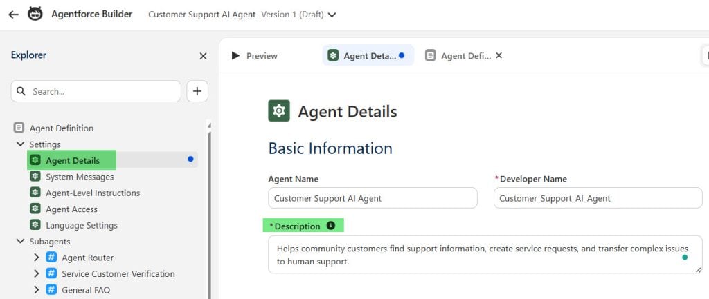 Provide Agent Details for Agentforce Service Agent in Salesforce