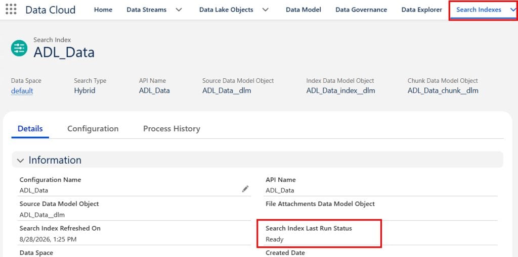Search Index Status in Salesforce Data Cloud