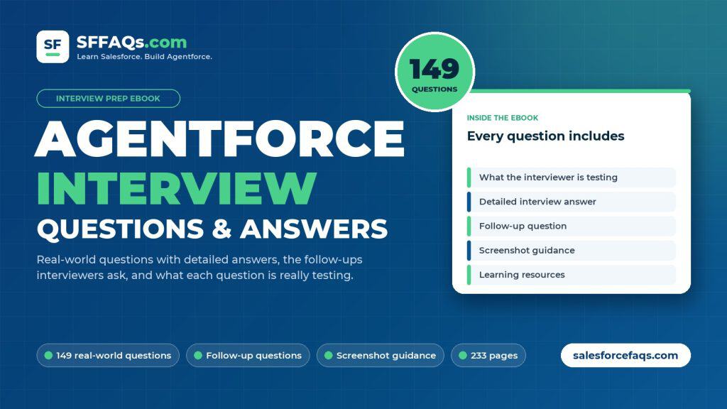 Agentforce Interview Questions and Answers eBook cover with 149 questions